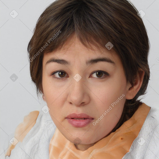 Neutral white young-adult female with medium  brown hair and brown eyes