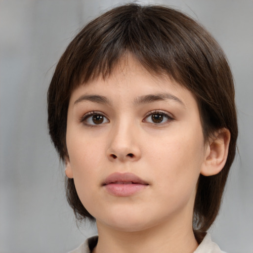 Neutral white young-adult female with medium  brown hair and brown eyes