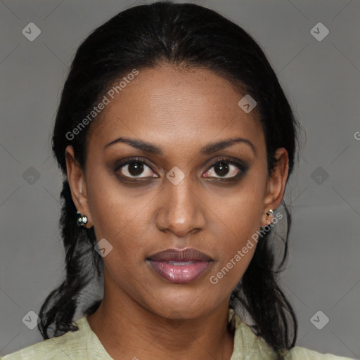 Joyful black young-adult female with medium  brown hair and brown eyes