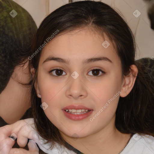 Joyful white child female with medium  brown hair and brown eyes