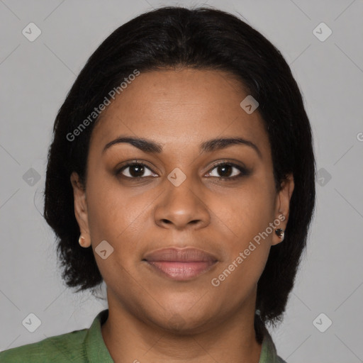Joyful black young-adult female with medium  black hair and brown eyes