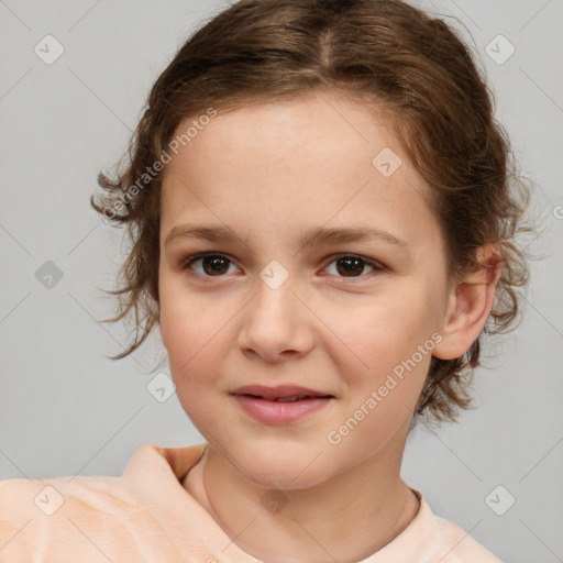 Joyful white child female with medium  brown hair and brown eyes