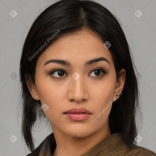 Neutral asian young-adult female with medium  brown hair and brown eyes