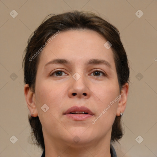 Neutral white young-adult female with medium  brown hair and brown eyes