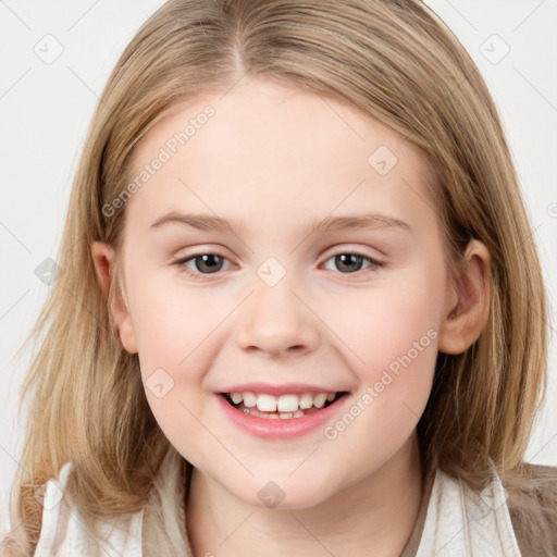 Joyful white child female with medium  brown hair and grey eyes