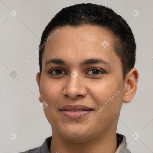 Joyful latino young-adult female with short  black hair and brown eyes