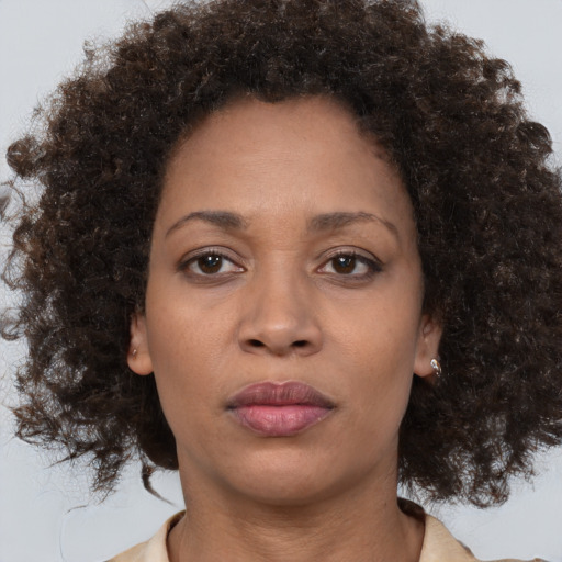 Neutral black adult female with short  brown hair and brown eyes
