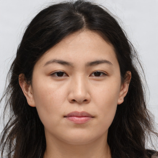 Neutral asian young-adult female with long  brown hair and brown eyes