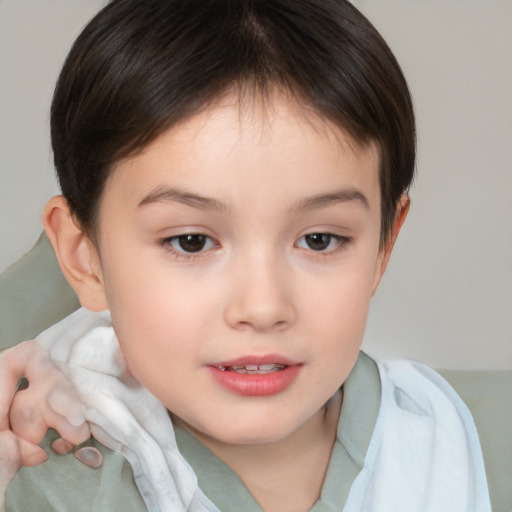 Joyful white child female with short  brown hair and brown eyes