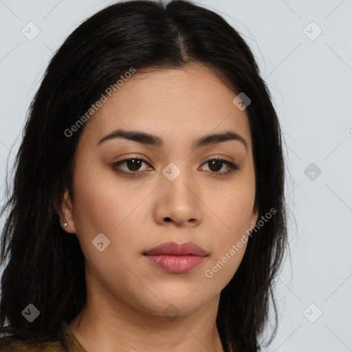 Neutral asian young-adult female with long  brown hair and brown eyes