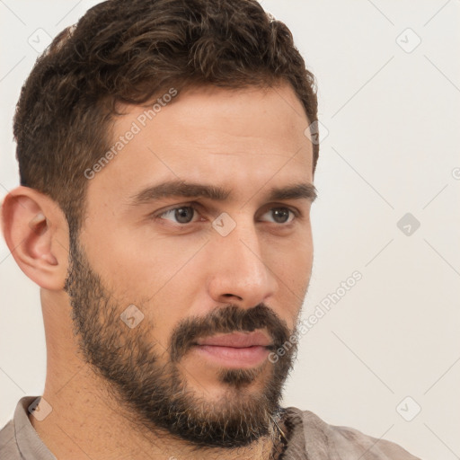 Neutral white young-adult male with short  brown hair and brown eyes