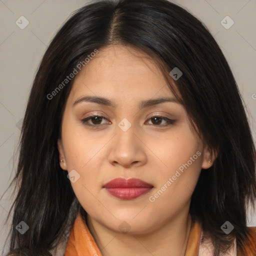 Neutral asian young-adult female with long  brown hair and brown eyes