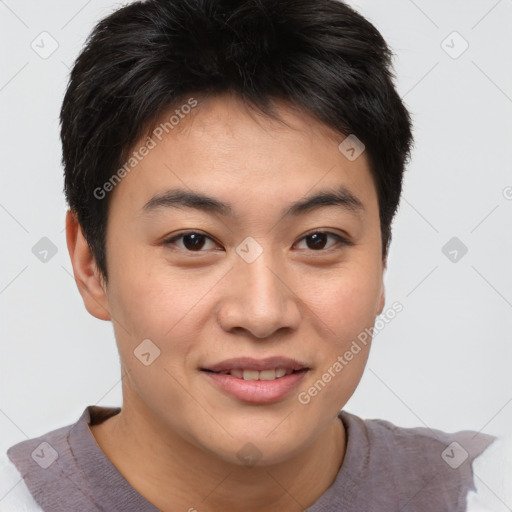 Joyful asian young-adult male with short  brown hair and brown eyes