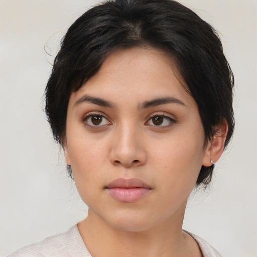 Neutral asian young-adult female with medium  black hair and brown eyes