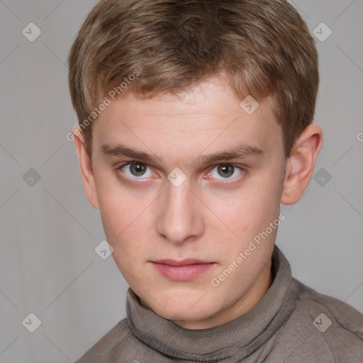 Neutral white young-adult male with short  brown hair and grey eyes