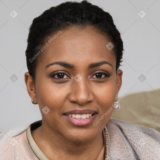 Joyful black young-adult female with short  brown hair and brown eyes