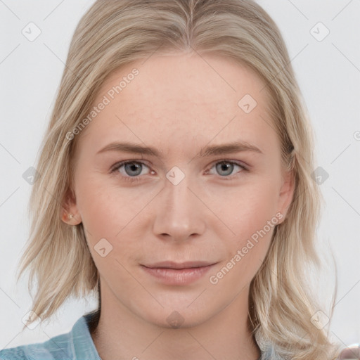 Joyful white young-adult female with medium  brown hair and blue eyes