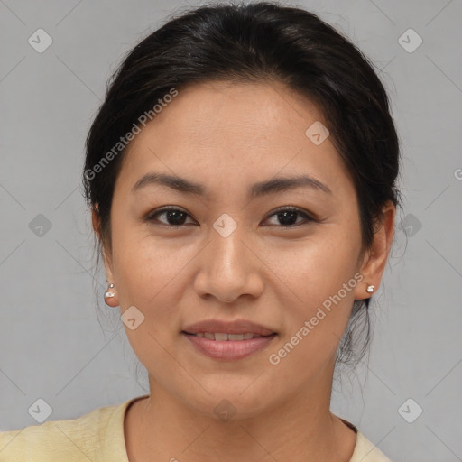 Joyful white young-adult female with medium  brown hair and brown eyes