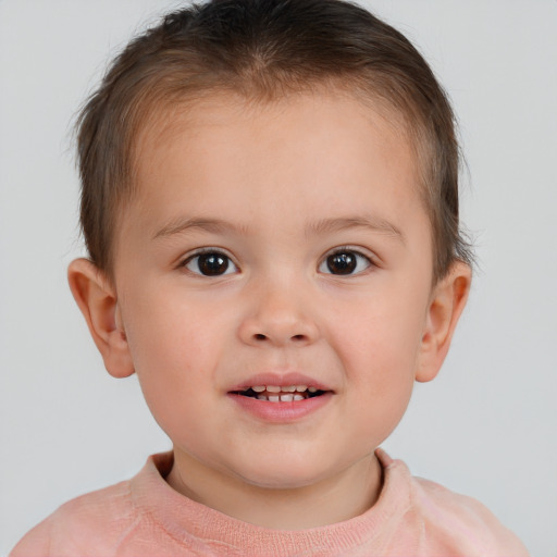 Joyful white child female with short  brown hair and brown eyes