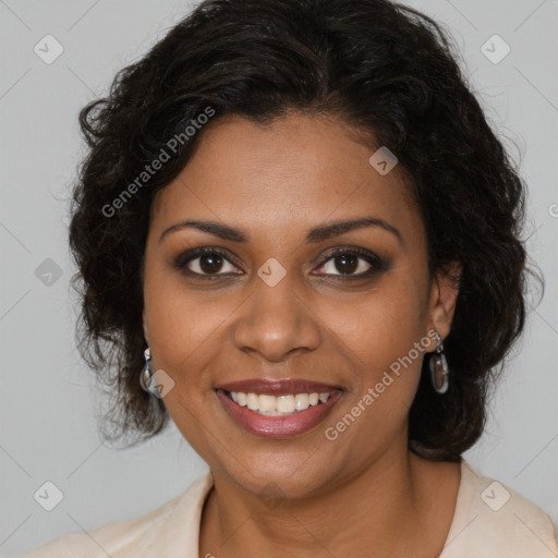 Joyful black young-adult female with medium  brown hair and brown eyes