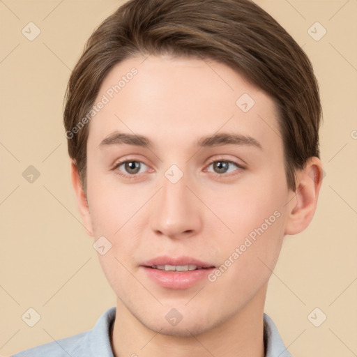 Neutral white young-adult male with short  brown hair and brown eyes