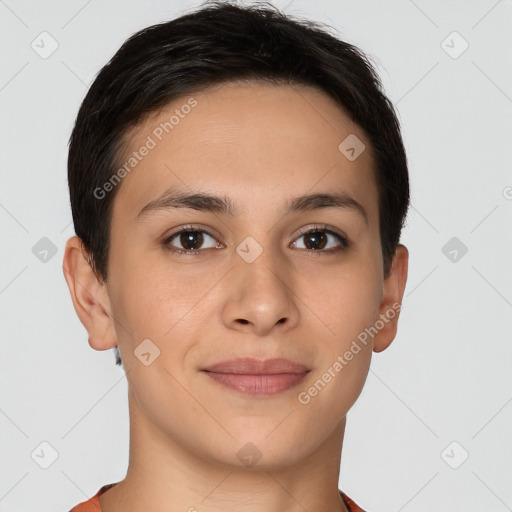 Joyful white young-adult female with short  brown hair and brown eyes