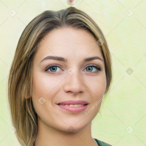 Joyful white young-adult female with long  brown hair and green eyes