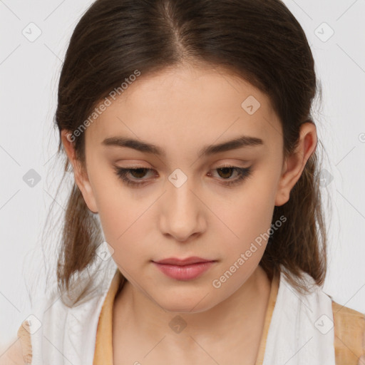 Neutral white young-adult female with medium  brown hair and brown eyes