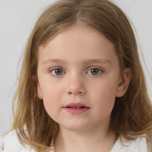 Neutral white child female with medium  brown hair and blue eyes