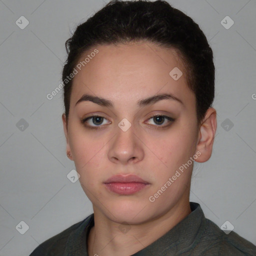 Neutral white young-adult female with short  brown hair and brown eyes