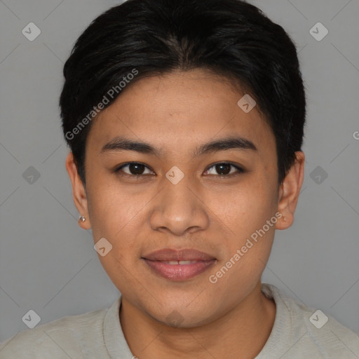 Joyful asian young-adult male with short  black hair and brown eyes