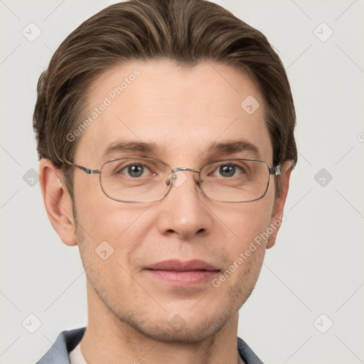 Joyful white adult male with short  brown hair and grey eyes