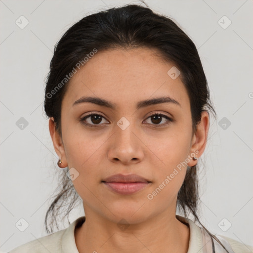 Neutral asian young-adult female with medium  brown hair and brown eyes