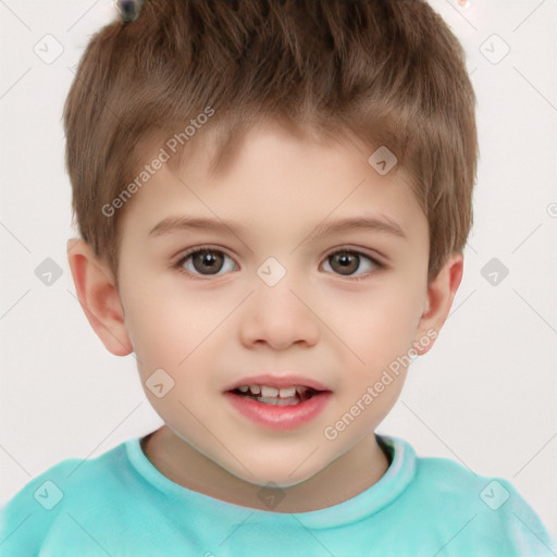 Joyful white child male with short  brown hair and brown eyes