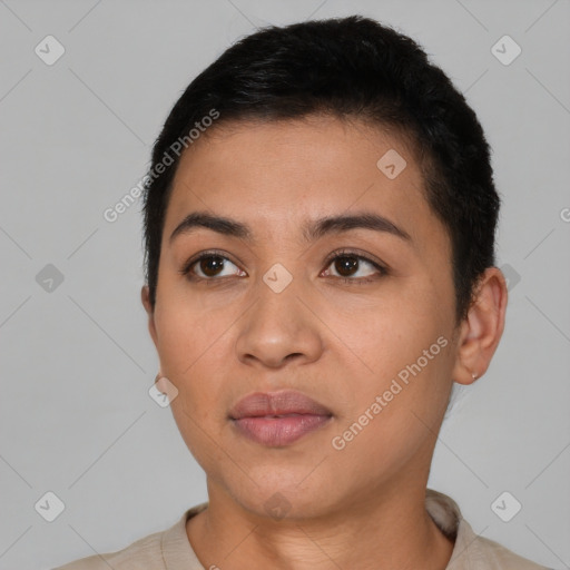 Neutral latino young-adult female with short  black hair and brown eyes