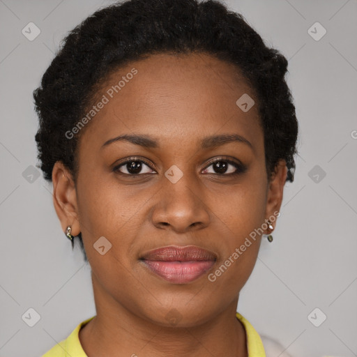 Joyful latino young-adult female with short  brown hair and brown eyes