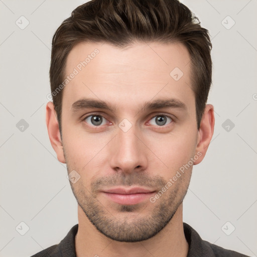 Neutral white young-adult male with short  brown hair and brown eyes