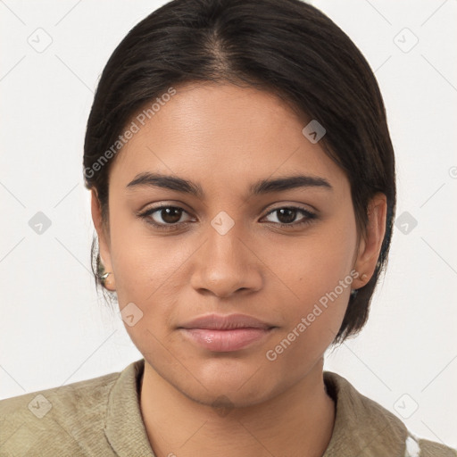 Joyful latino young-adult female with medium  brown hair and brown eyes