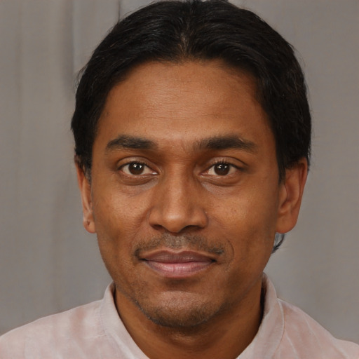 Joyful asian adult male with short  black hair and brown eyes
