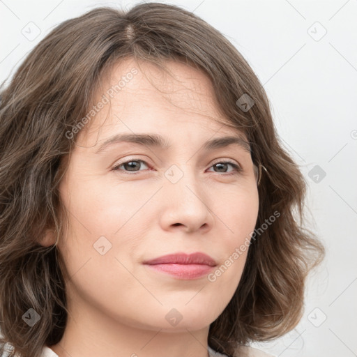 Neutral white young-adult female with medium  brown hair and grey eyes