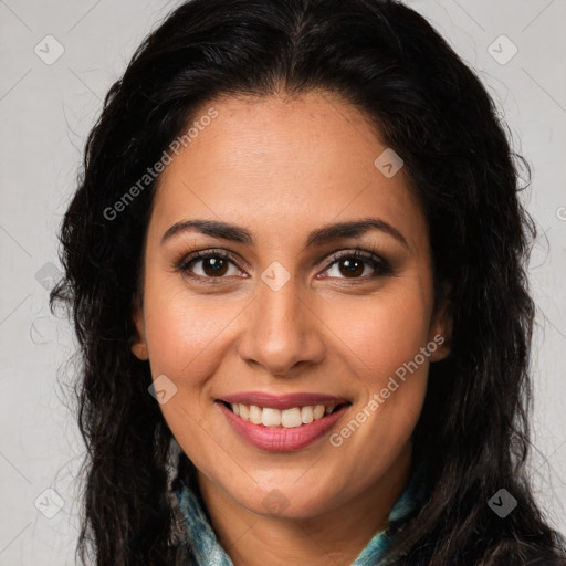 Joyful latino young-adult female with long  brown hair and brown eyes