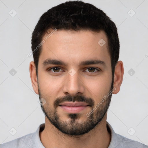 Neutral white young-adult male with short  black hair and brown eyes