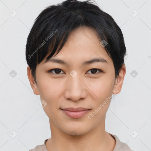 Joyful asian young-adult female with short  black hair and brown eyes