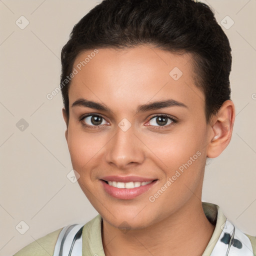 Joyful white young-adult female with short  brown hair and brown eyes