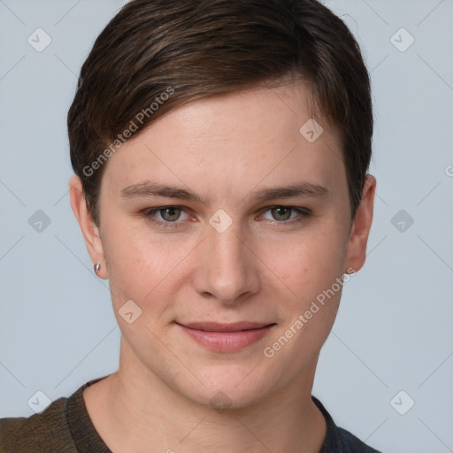 Joyful white young-adult female with short  brown hair and grey eyes