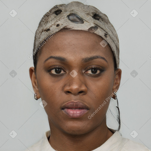 Neutral black young-adult female with short  black hair and brown eyes