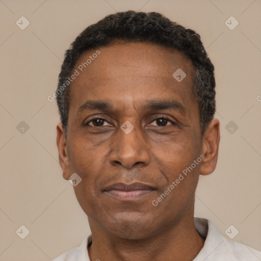 Neutral black adult male with short  black hair and brown eyes
