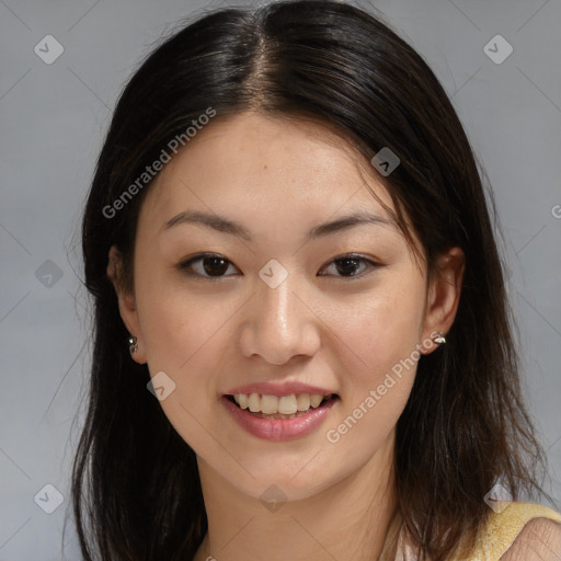 Joyful asian young-adult female with medium  brown hair and brown eyes