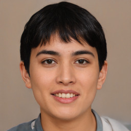 Joyful asian young-adult female with short  brown hair and brown eyes