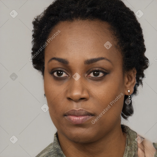 Neutral black young-adult female with short  black hair and brown eyes